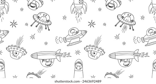 Aliens,astronauts, meet,flying saucer,rockets,seamless pattern,fantastic creatures,space,cartoon characters,contour hand drawings, vector background,paper,wallpaper