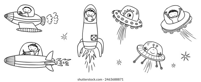 Aliens,astronauts,meet,flying saucer,rockets,fantastic creatures,space,cartoon characters,contour hand drawings, vector illustration isolated on white