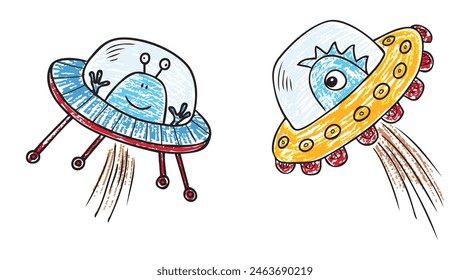 Aliens,flying saucer,fantastic creatures,space,cartoon characters,unknown,textured vector hand drawn illustration isolated on white