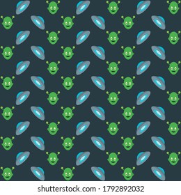 Alienship and green alien face with single eye and black background repeat pattern