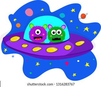 Aliensi monsters on space ship on galaxy backgrounds. Vector illustration