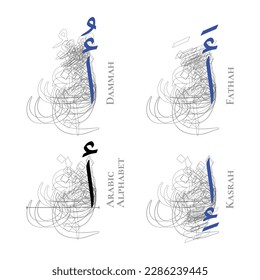 ALIF Vector Isolated Fathah Kasrah Dammah Vowel Arabic Alphabet Type Character Letters Script Naskh Nuqta Form Hamzah Outline Shadow Structure Overlap Background Line Path Blue Black White Gray Art