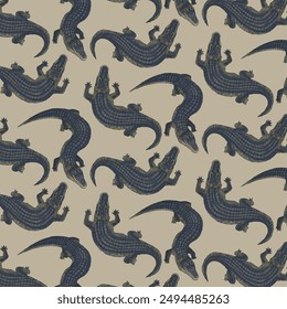 Aligator reptile pattern. Two crocodiles ornate.