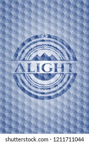 Alight blue badge with geometric background.