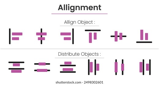 Alineación, alineación, conjunto de iconos de línea. Símbolo de interfaz de transformación de columna en estilo plano de Vector.