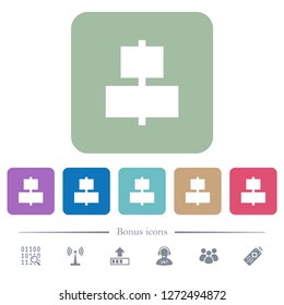 Align to center white flat icons on color rounded square backgrounds. 6 bonus icons included