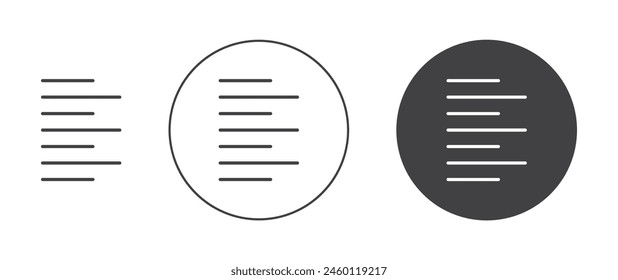 Align left icon set. font left align button in black filled and outlined style.