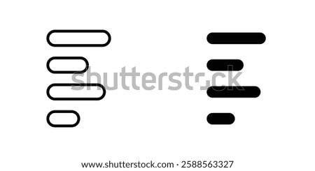 Align left vectors icons set in filled and strokes on white background