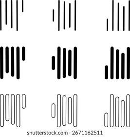 Align line icon set with vertical alignment, bar and equalizer style symbols. Collection of solid and outline vector icons for UI, UX, apps, charts, graphs, typography, design and document layout