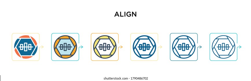 Align vector icon in 6 different modern styles. Black, two colored align icons designed in filled, outline, line and stroke style. Vector illustration can be used for web, mobile, ui