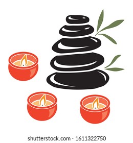 aligned zen pebbles surrounded by bamboo leaves and candles, vector