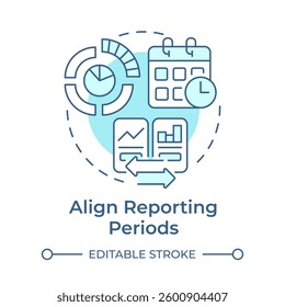 Aligning reporting periods soft blue concept icon. Finances. Best practice for intercompany accounting. Round shape line illustration. Abstract idea. Graphic design. Easy to use in booklet