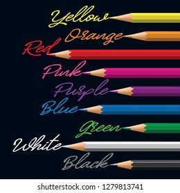 Alignment of different color pencils associated with the words to their respective colors
