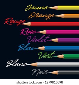 Alignment of different color pencils associated with the words to their respective colors