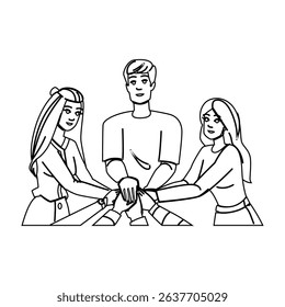 alignment team huddle vector. synergy motivation, unity planning, engagement leadership alignment team huddle character. people black line pencil drawing illustration