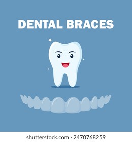 Alignment of teeth by aligners. Transparent braces. Happy tooth character. Orthodontic silicone trainer. Orthodontic treatment concept. Vector