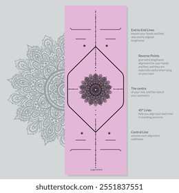 Alignment Yoga Mat design template. Vector illustration. Ready to print modern style. Perfect support in any asana, for the most demanding yogis with beautiful sybol in the center point