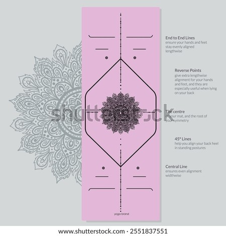 Alignment Yoga Mat design template. Vector illustration. Ready to print modern style. Perfect support in any asana, for the most demanding yogis with beautiful sybol in the center point