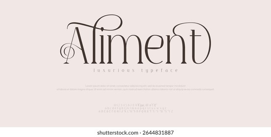 Aliment Logotipo de alfabeto de fontes Luxury. Tipografia Beleza moda elegante ocidental clássico letras serif fontes decorativos casamento vintage logos. ilustração vetorial