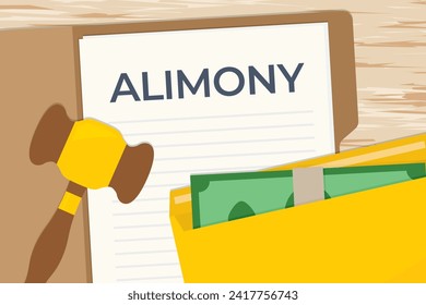 alimony word written in the case files, flat lay composition with gavel and envelope with money- vector illustration
