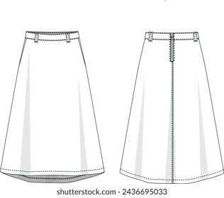 A-line back zipper women midi skirt CAD, skirt design drawing