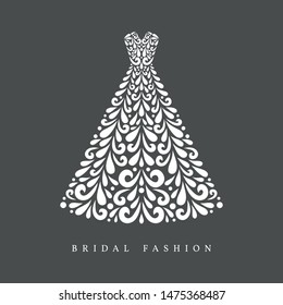 A-line silhouette wedding dress. Vector floral decoration made from swirl shapes. Simple decorative gray and white illustration.