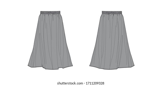 A-line skirt with elastic waist, flat sketch, front and back views