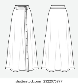 A-line skirt with front button closure front and back view vector mockup template	
