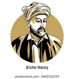 Alisher Navoy es un poeta túrquico, sufí, y estadista de Timurid Khorasan. Dibujado a mano ilustración vectorial