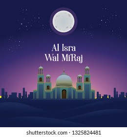 Al-Isra wal Mi'raj with Mosque Vector Illustration On Purplish Background. The text mean: The Night Journey of Prophet Muhammad