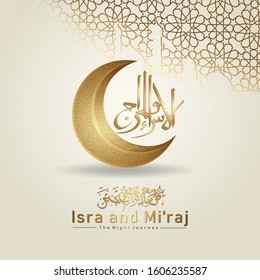 "Al-Isra wal Mi'raj Prophet Muhammad calligraphy and crescent moon gold with texture ornamental colorful of mosaic on background. Suitable for greeting card, poster, banner and other users