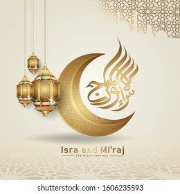 "Al-Isra wal Mi'raj Prophet Muhammad calligraphy and crescent moon gold with texture ornamental colorful of mosaic on background. Suitable for greeting card, poster, banner and other users.