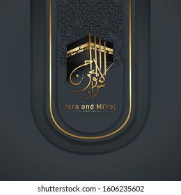 "Al-Isra wal Mi'raj Prophet Muhammad calligraphy and kaaba  with texture ornamental colorful of mosaic on background. Suitable for greeting card, poster, banner and other users