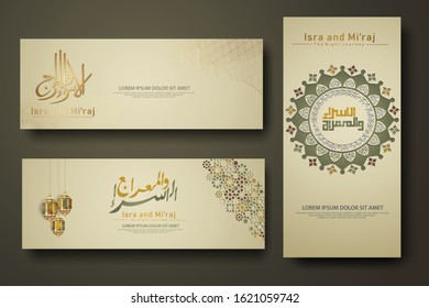 "Al-Isra wal Mi'raj Prophet Muhammad calligraphy set banner template with hand drawn kaaba, crescent moon, traditional lantern and mosque pattern texture islamic background
