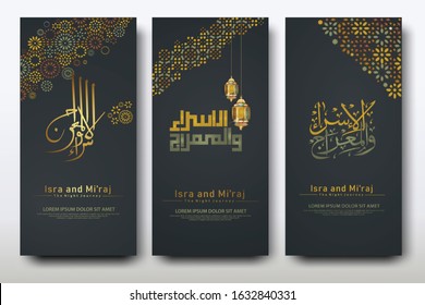 "Al-Isra wal Mi'raj Prophet Muhammad calligraphy set banner template with hand drawn kaaba, crescent moon and traditional lantern with ornamental colorful of mosaic islamic background