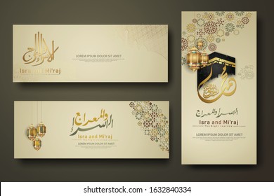 "Al-Isra wal Mi'raj Prophet Muhammad calligraphy set banner template with hand drawn kaaba, crescent moon and traditional lantern with ornamental colorful of mosaic islamic background