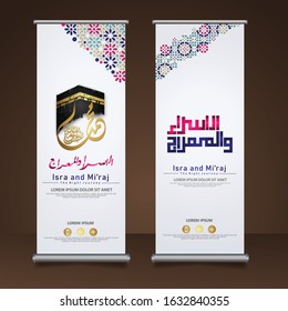 "Al-Isra wal Mi'raj Prophet Muhammad calligraphy set roll up banner template with hand drawn kaaba, crescent moon and traditional lantern with ornamental colorful of mosaic islamic background