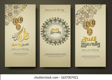 "Al-Isra wal Mi'raj Prophet Muhammad calligraphy set banner template with hand drawn kaaba, crescent moon and traditional lantern with ornamental colorful of mosaic islamic background