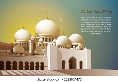 Al-Isra wal Mi'raj with Realistic Islamic Mosque Vector Illustration. The text mean: The Night Journey of Prophet Muhammad