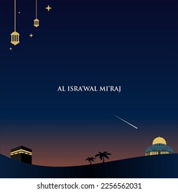 Al-Isra wal Mi'raj Translate: The night journey Prophet Muhammad Vector Illustration For Poster Template and Flyer, Simple Background of Isra Mi'raj Ceremony