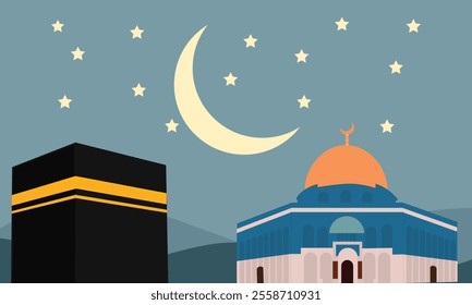 Al-Isra wal Mi'raj Translate: The Night Journey Prophet Muhammad Vector Illustration for Poster Template and Flyer, Simple Background of Isra Mi'raj Ceremony