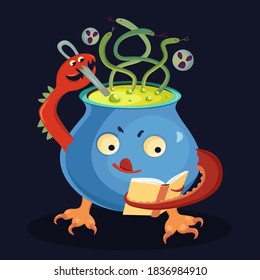 The alive cauldron with a claw and a tentacle is cooking a green potion in itself, looking at a book. Snakes and bubbles is rising above a surface and scared ghosts are flying around.