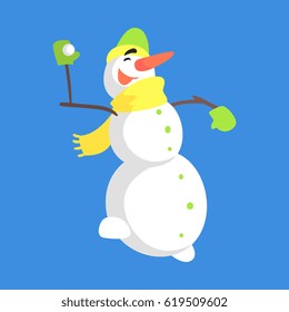 Alive Classic Three Snowball Snowman In Yellow Scarf Playing Snowballs Cartoon Character Situation
