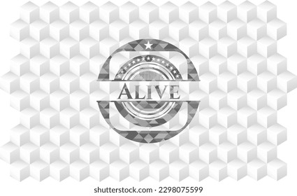 Alive grey emblem. Vintage with geometric cube white background. 