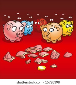 Alive pigs of a coin box with a fright look at splinters of the broken pig of a coin box (vector)