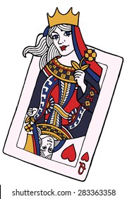 Alive Playing Card Of The Queen Of Hearts - Vector Hand Drawing Illustration