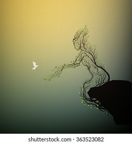 alive tree on the rock and pigeon, tree soul, man like tree giving his hand branch to flying pigeon, fairytale surrealism, plant alive idea, vector