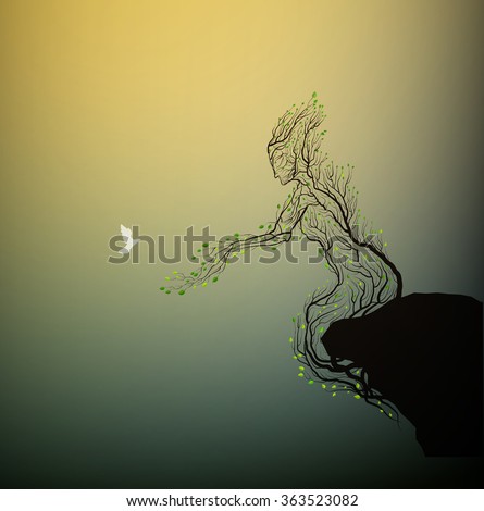 alive tree on the rock and pigeon, tree soul, man like tree giving his hand branch to flying pigeon, fairytale surrealism, plant alive idea, vector