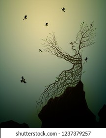 alive tree on the rock and titmouse, tree soul, man like tree giving his hand branch to flying birds, fairytale surrealism, plant alive idea, vector