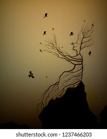 alive tree on the rock and titmouses birds, tree soul, man like tree giving his hand branch to flying birds, fairytale surrealism, plant alive idea, vector